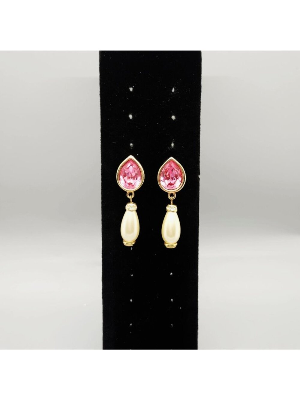 Pink Crystal Faux Pearl Rhinestone Gold Tone Drop Dangle Earrings 1.5" L